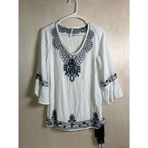 Monoreno Tunic Womens Small White Navy Excellent Boho Embroidered Bell Sleeve